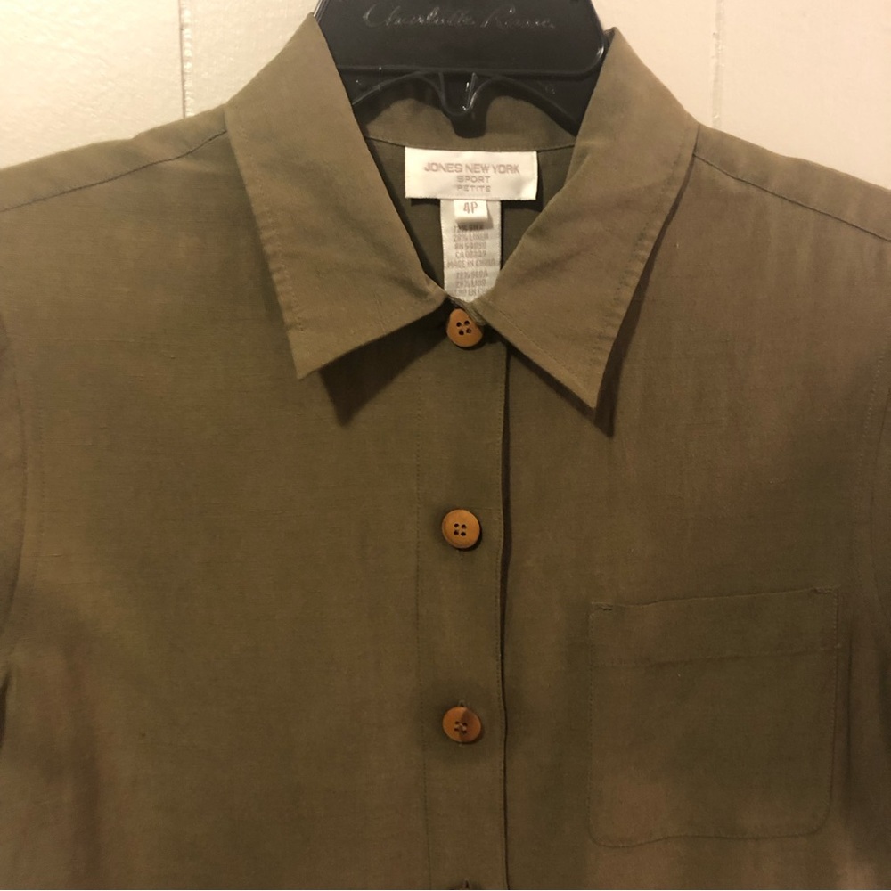 Linen/Silk Olive Green Button Down Dress Jones New York